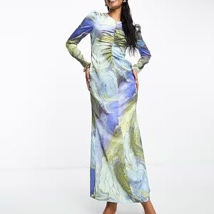 ASOS DESIGN satin ruched detail maxi dress in marble print size 14